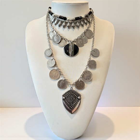 Layered Statement Necklace with Coins, Upcycled Parts & Bold Choker Design - Picture 1 of 12